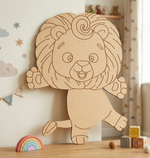 MDF DIY Cartoon lion cutout on a wall in a child's room with toys around
