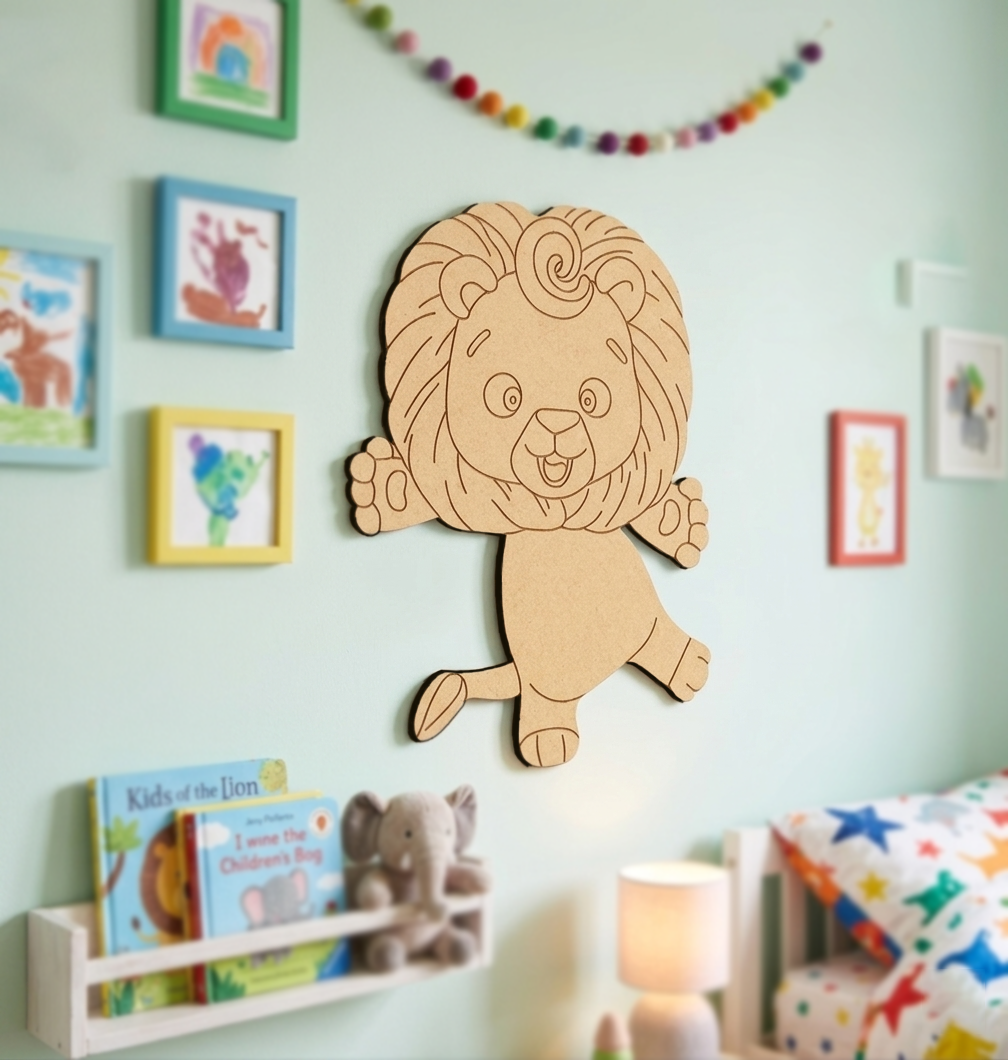 MDF DIY lion wall decoration in a child's room with books and toys.