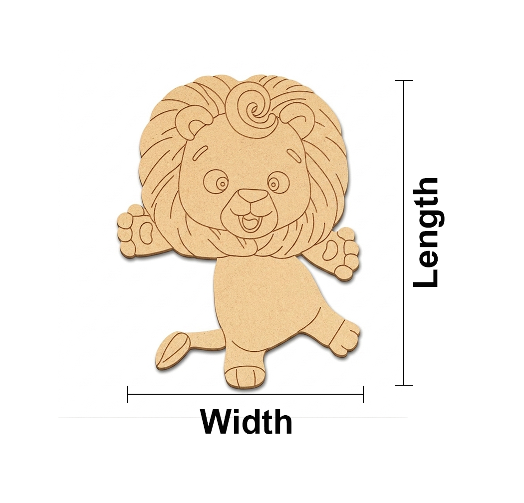  MDF DIY lion cutout with measurements labeled on a white background