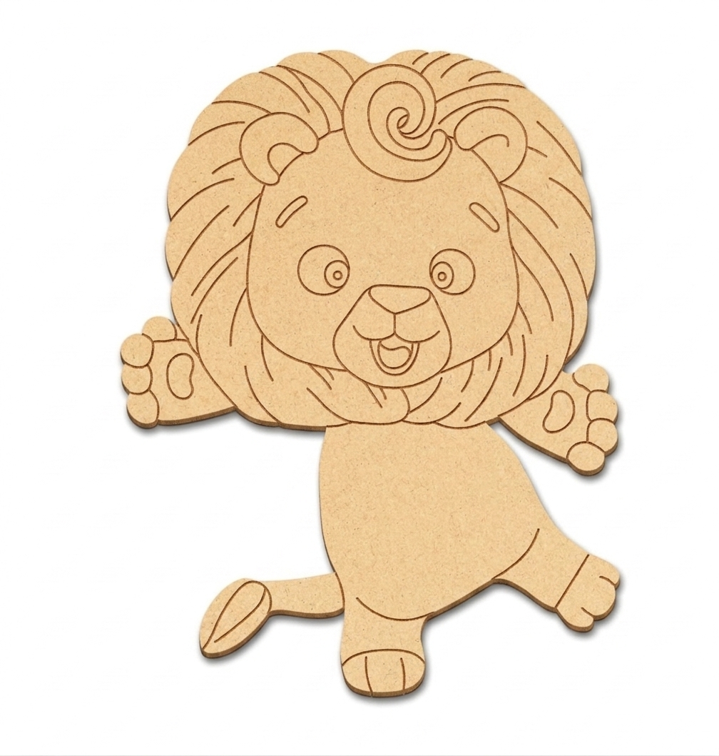MDF DIY cutout of a cartoon lion on a white background