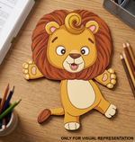 MDF DIY Cartoon lion cutout on a wooden surface with pencils around