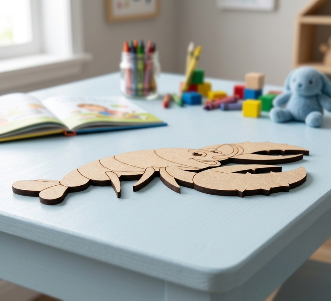 MDF DIY  crab puzzle on a table with colorful toys and books in the background