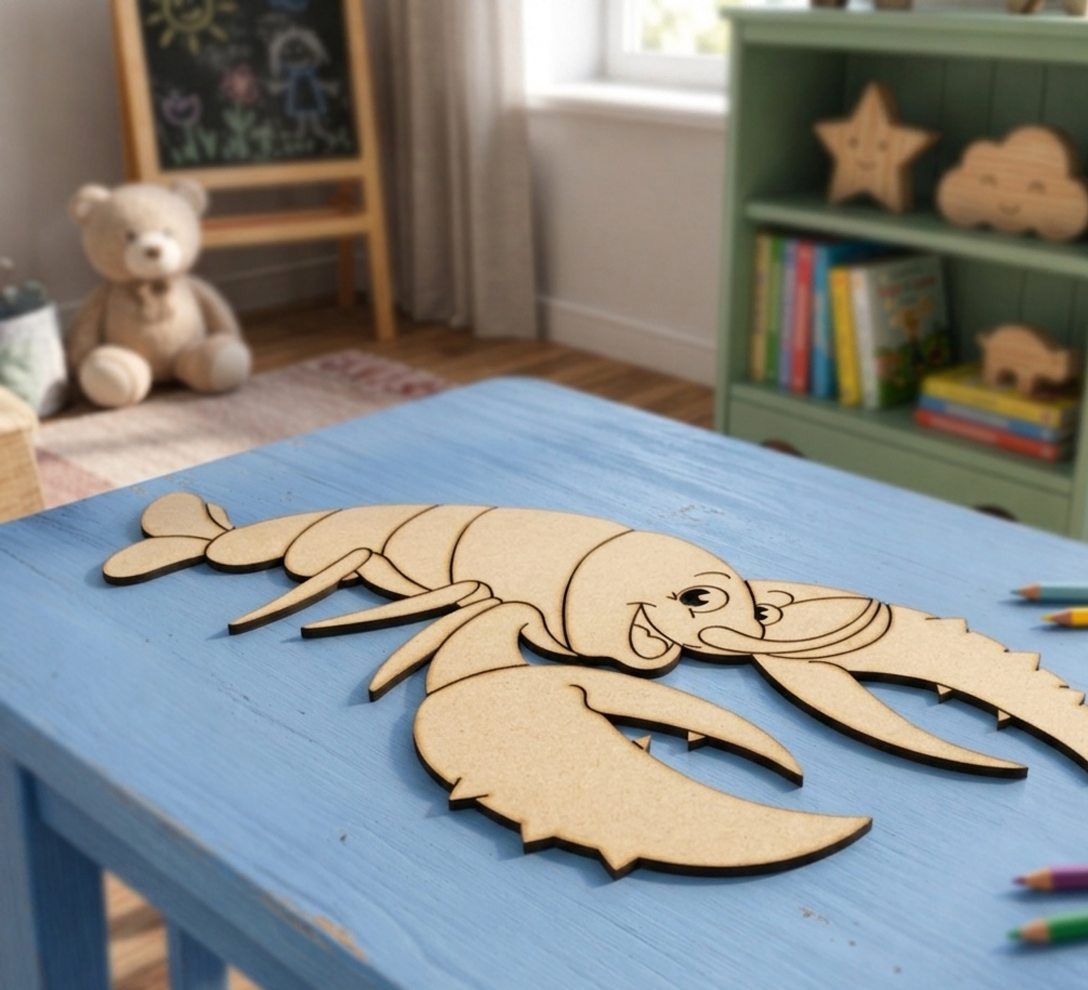 MDF DIY  lobster puzzle on a blue table with a child's room in the background