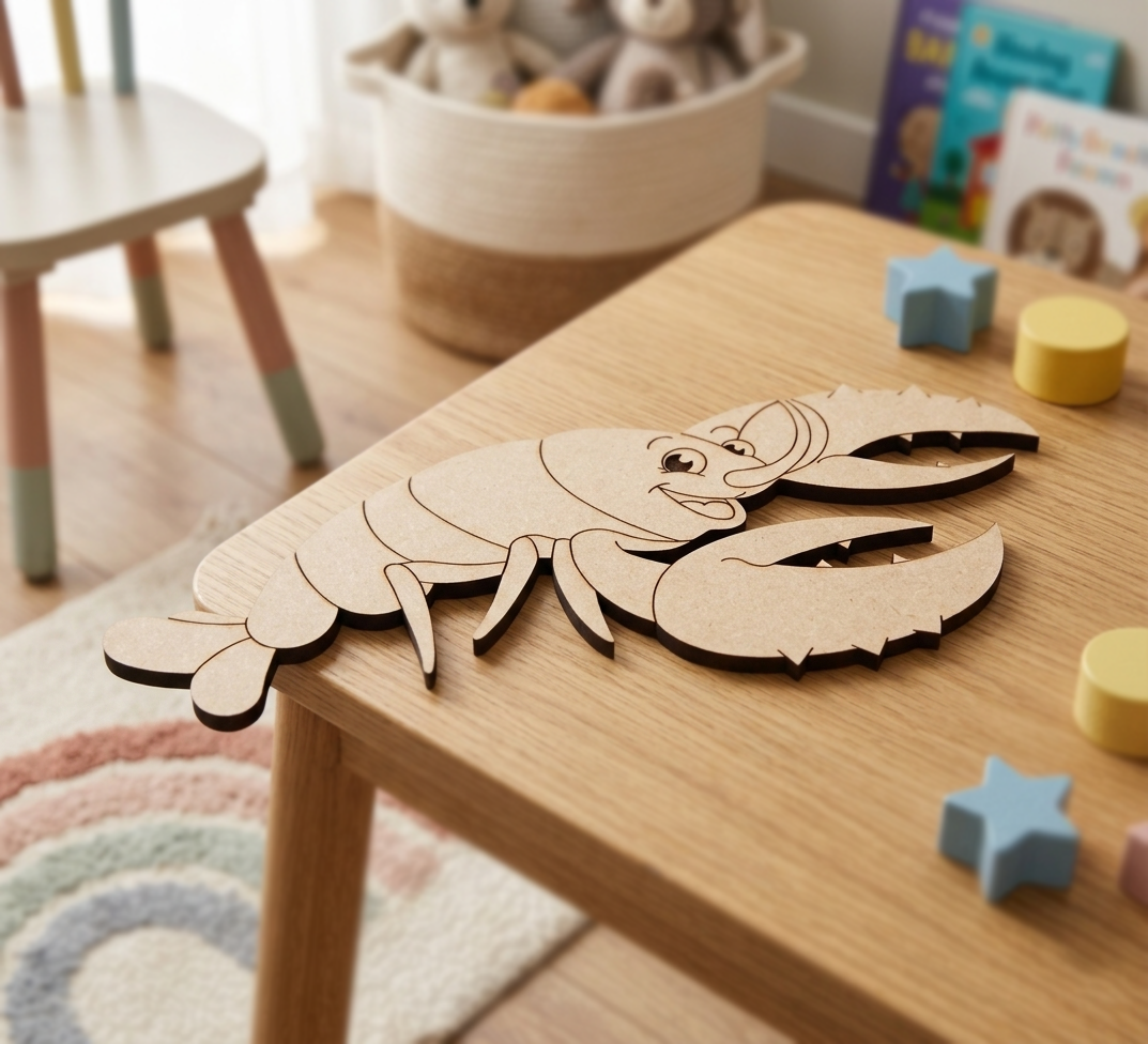 MDF DIY  lobster puzzle on a child's table with toys in the background