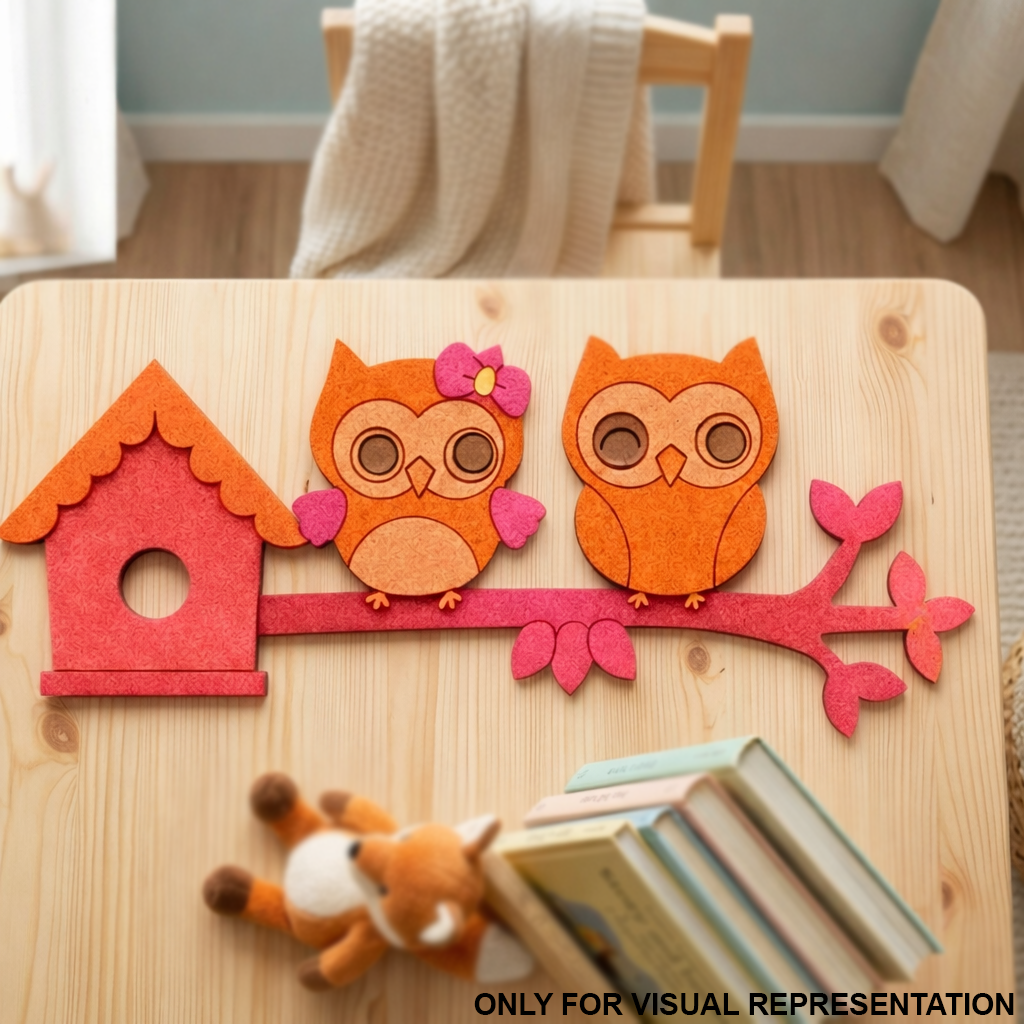MDF DIY  placemat with felt owl and birdhouse decorations on a wooden table.