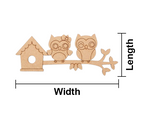 MDF DIY cutout of an owl, birdhouse, and branch with measurements labeled on a white background.