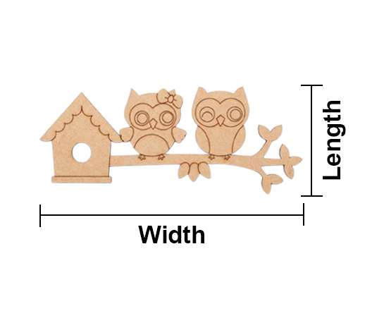 MDF DIY cutout of an owl, birdhouse, and branch with measurements labeled on a white background.