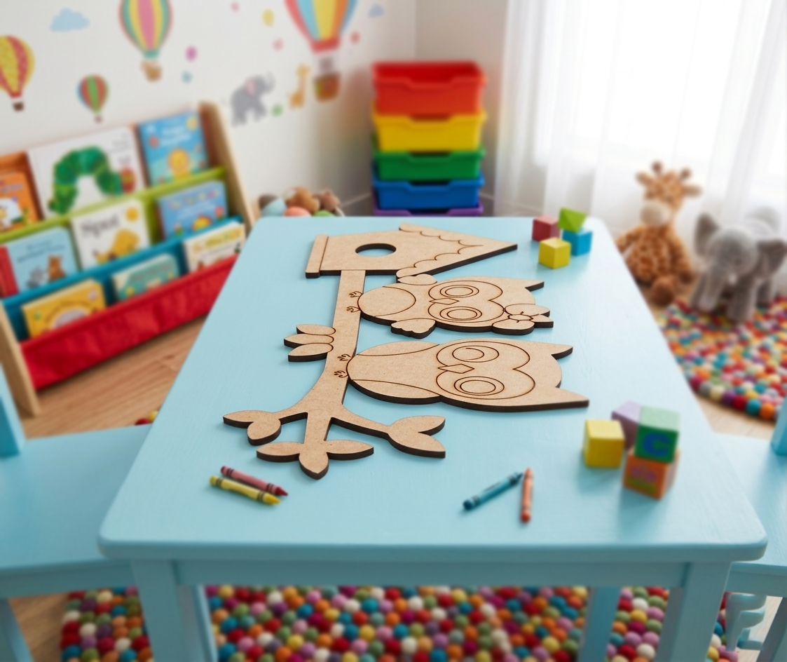 Children's playroom with a blue table featuring MDF DIY  animal cutouts and colorful toys.