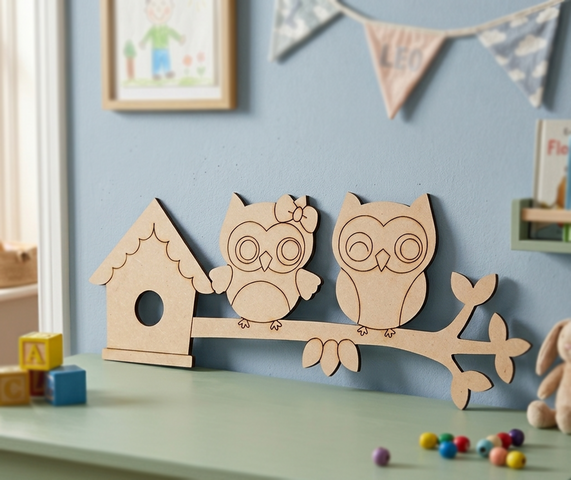 MDF DIY  owl and birdhouse decoration on a shelf with colorful balls and toys.