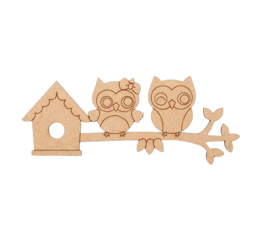 MDF DIY cutout of two owls and a birdhouse on a branch with leaves.
