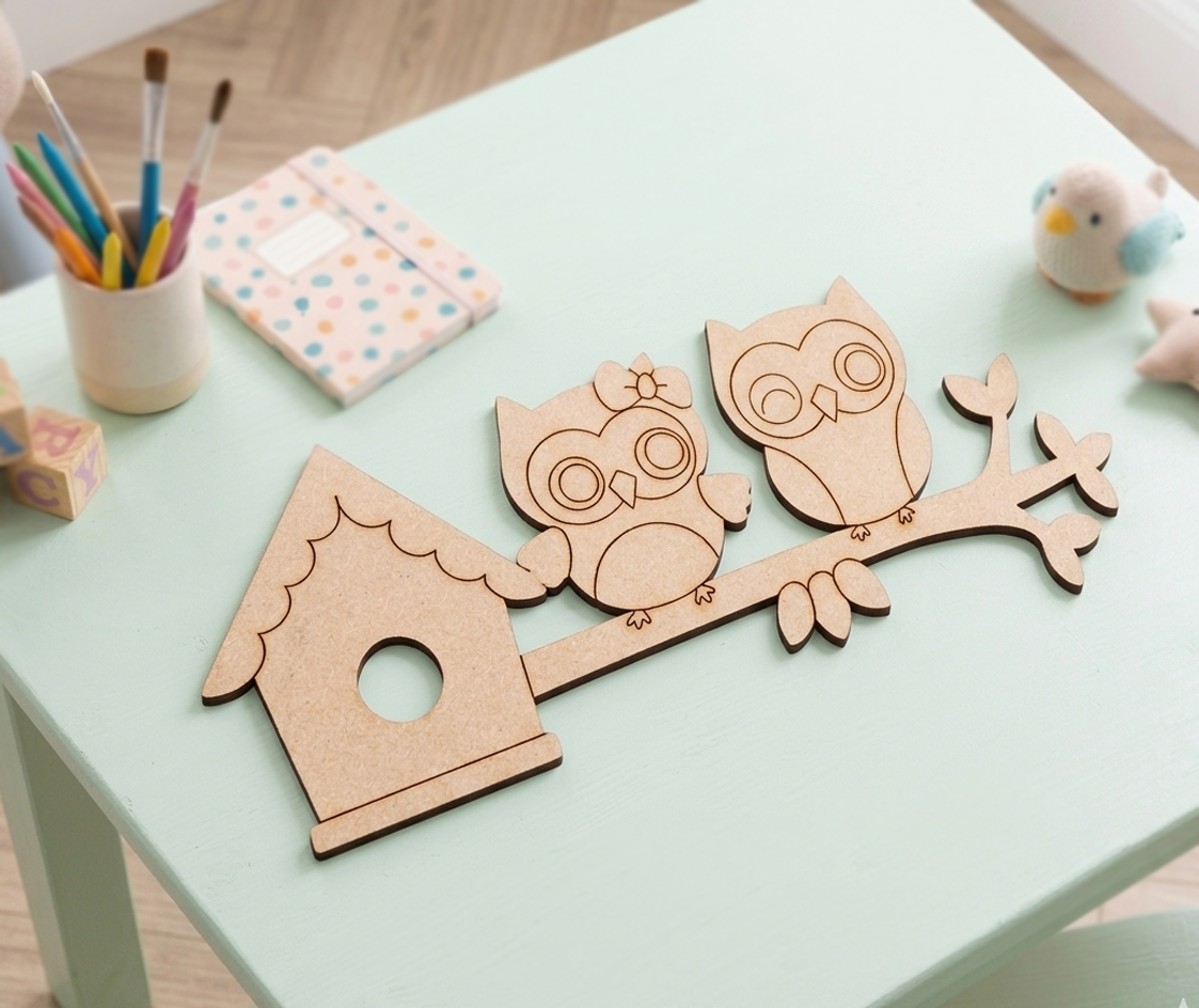MDF DIY  owl and birdhouse cutouts on a light green table with stationery items.