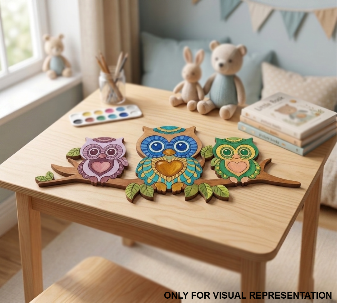 MDF DIY  Colorful owl MDF DIY  toys on a table with a cozy room background
