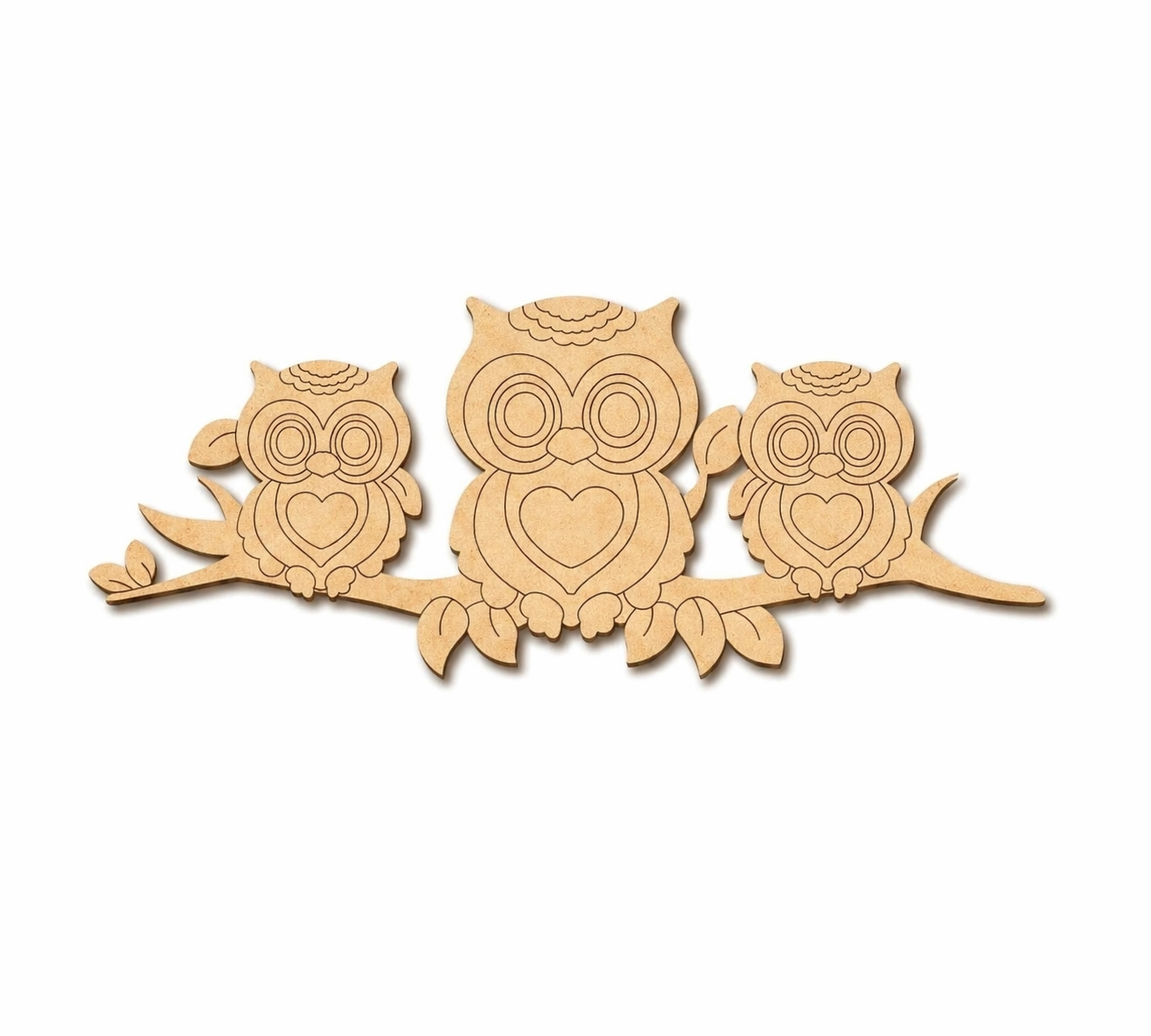 MDF DIY  cutout of three owls on a branch with heart designs on a white background