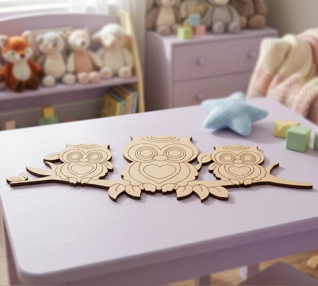 MDF DIY  owl cutouts on a table with toys in the background