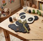 MDF DIY  Panda-shaped  cutout on a table with art supplies in a child's room.