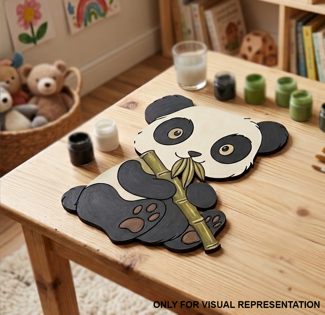 MDF DIY  Panda-shaped  cutout on a table with art supplies in a child's room.
