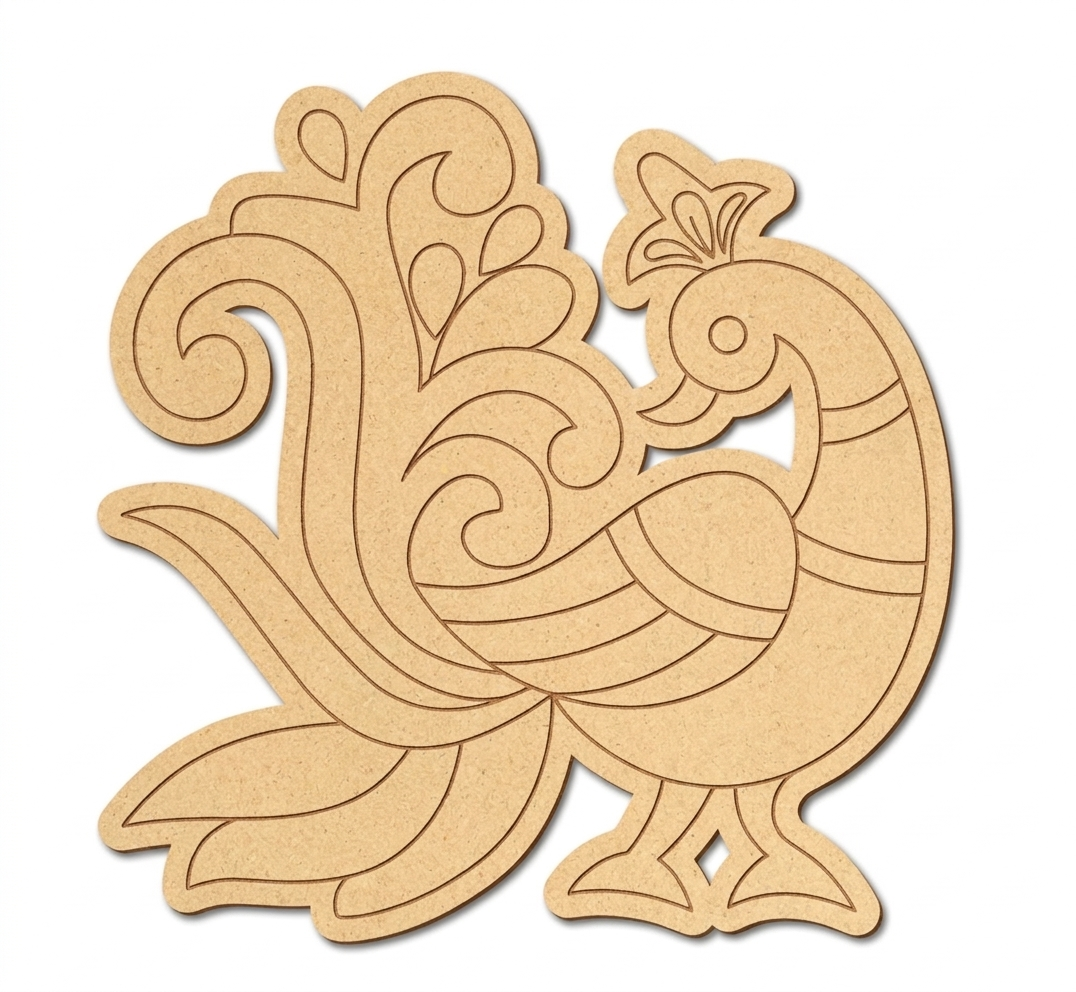 MDF DIY cutout of a decorative peacock design on a white background