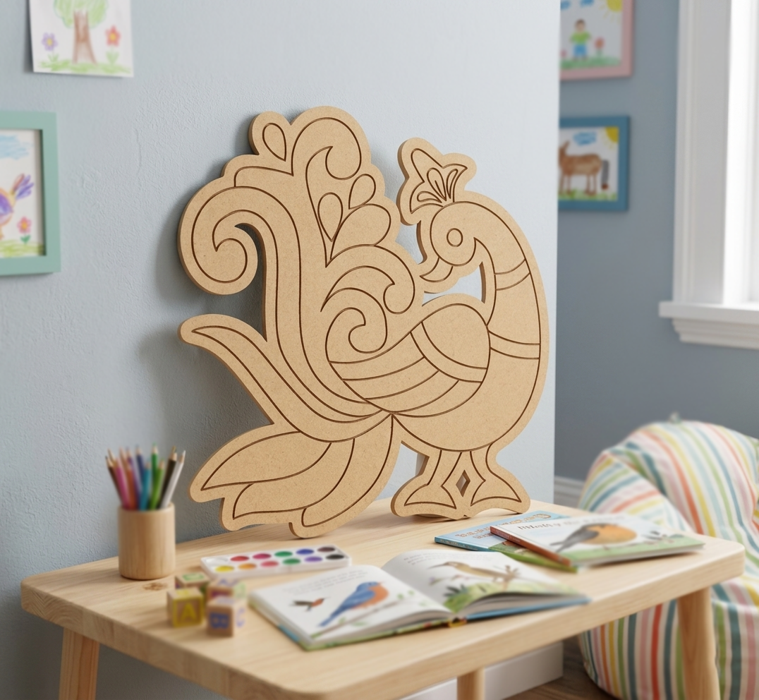 MDF DIY peacock decoration on a child's desk with art supplies in a classroom setting.
