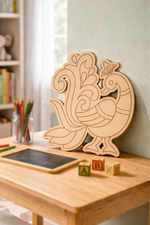 MDF DIY peacock decoration on a table with educational toys