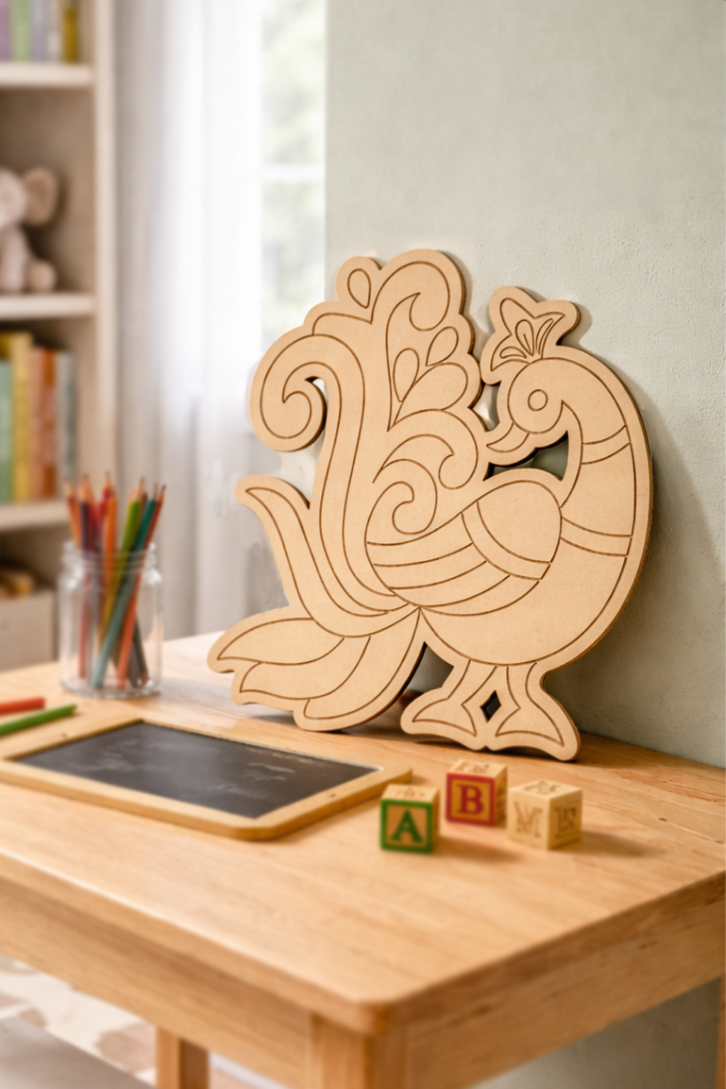 MDF DIY peacock decoration on a table with educational toys
