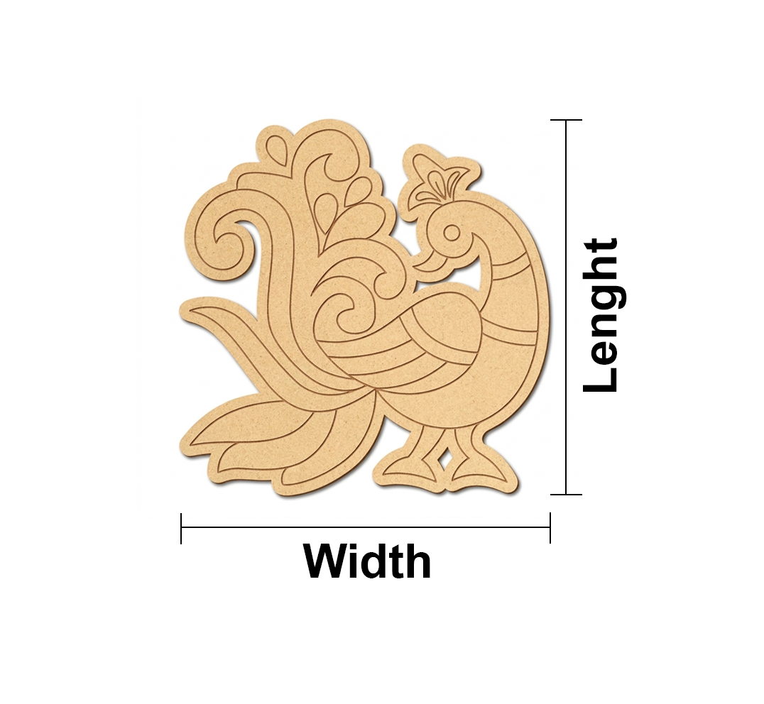 Decorative MDF DIY peacock shape with measurements on a white background