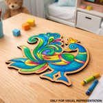 Colorful MDF DIY peacock cutout on a table with toys in the background