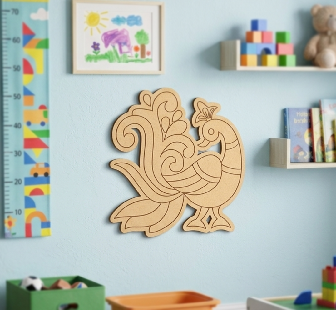 MDF DIY peacock wall decoration in a child's room with toys and books.