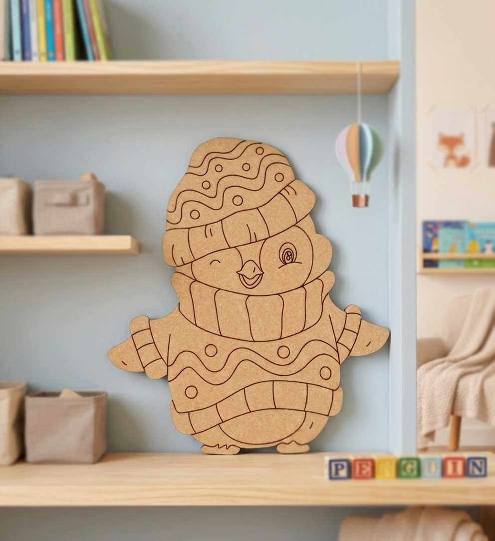 MDF DIY penguin decoration on a shelf with books and toys in the background