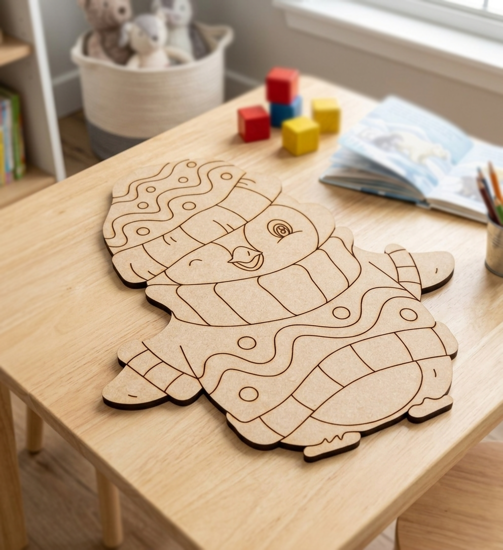 MDF DIY cutout of a snowman on a wooden table with colorful blocks in the background.