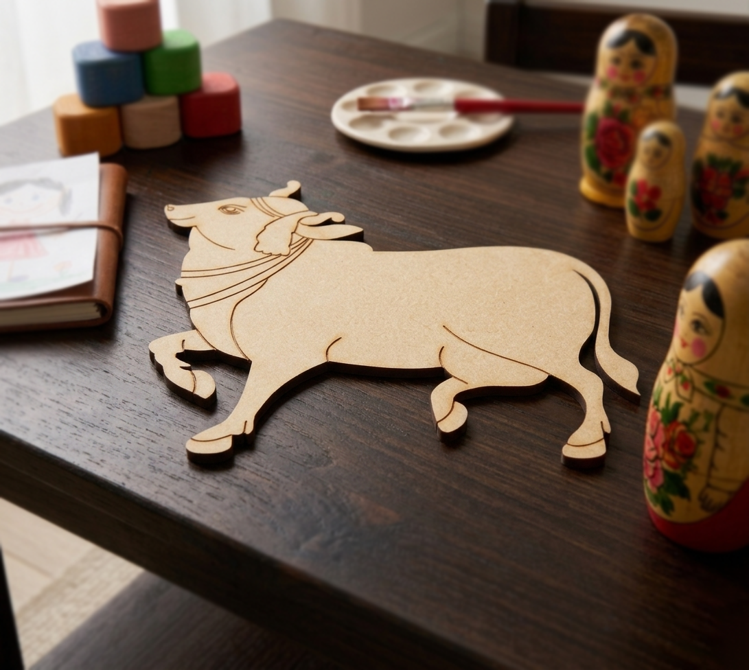 MDF DIY bull cutout on a wooden table with decorative items.