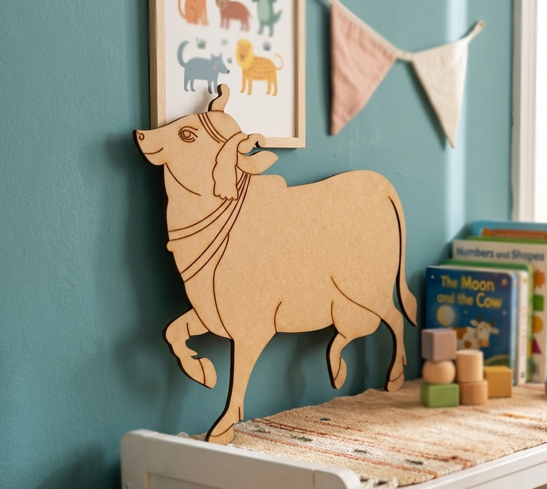 MDF DIY cow cutout on a shelf against a teal wall with children's books and toys.
