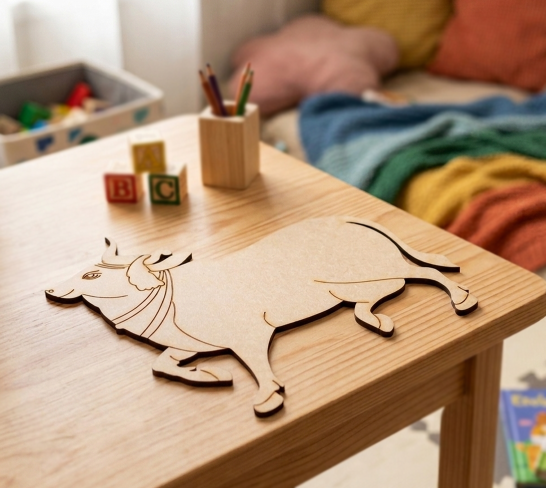MDF DIY bull toy on a wooden table with colorful blocks and a child's toys in the background.