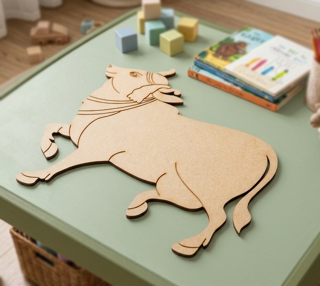 MDF DIY bull cutout on a green table with toys in the background