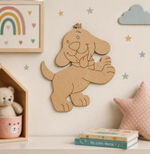 MDF DIY dog wall decoration in a child's room with books, teddy bear, and colorful decorations.