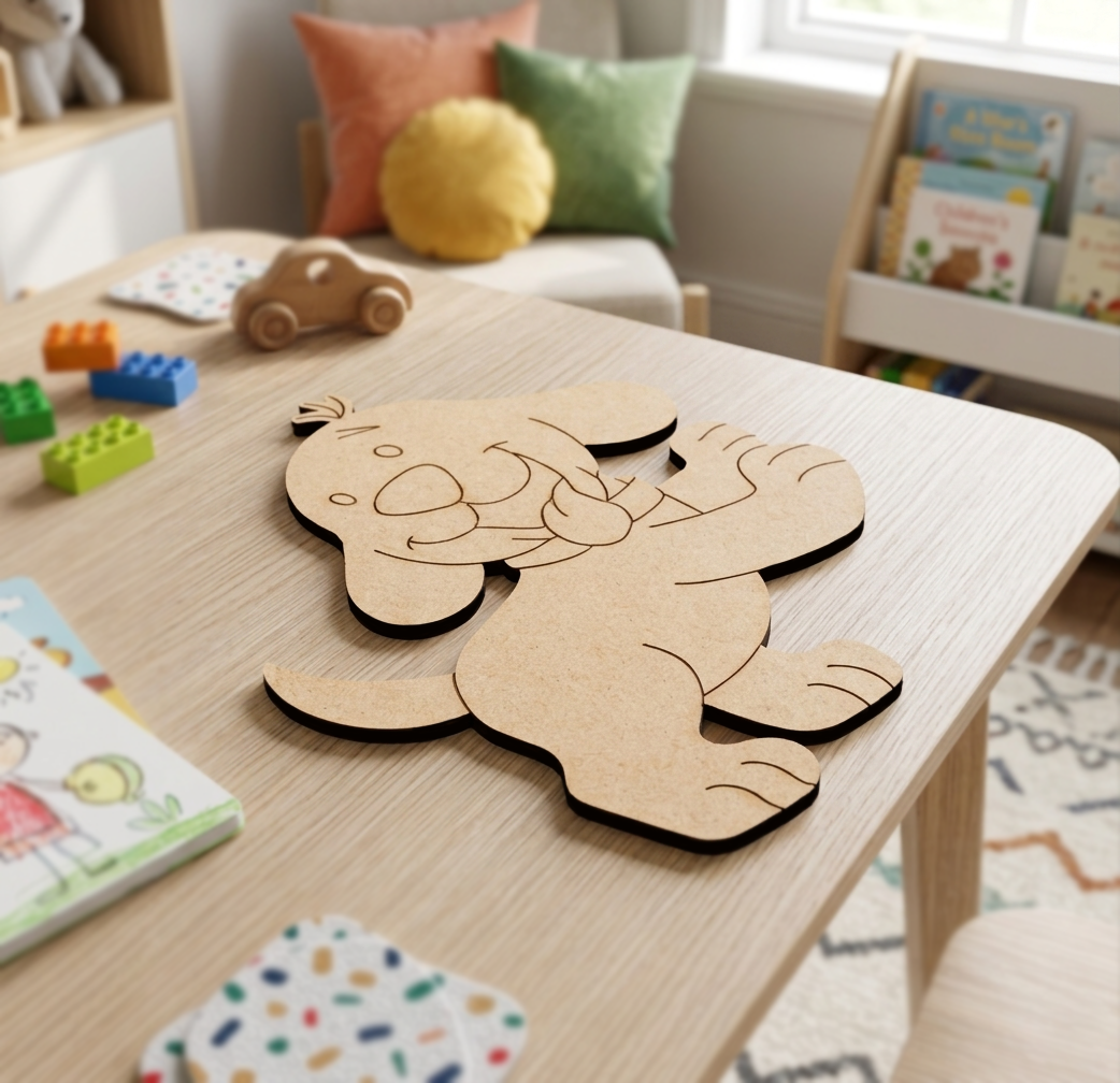 MDF DIY dog cutout on a table with toys and books in the background