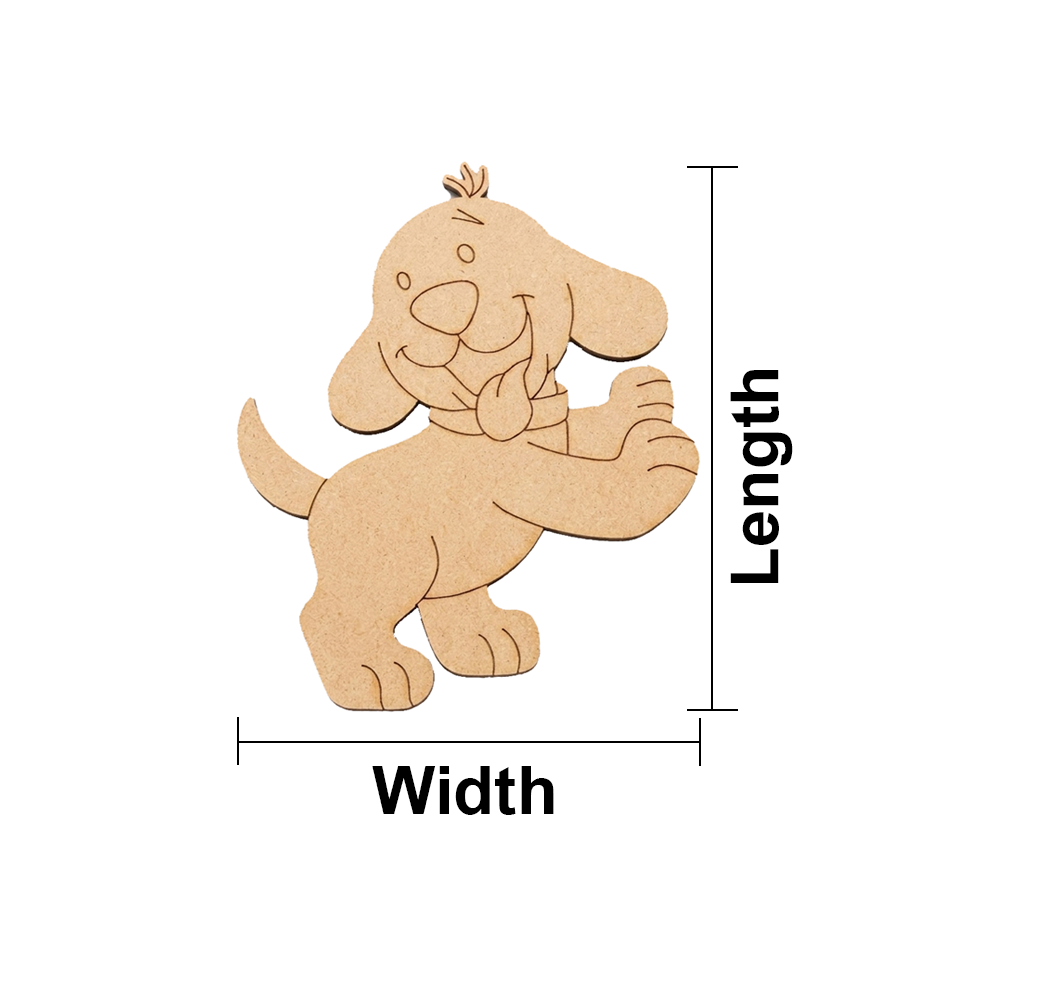 MDF DIY dog-shaped cutout with measurements labeled on a white background