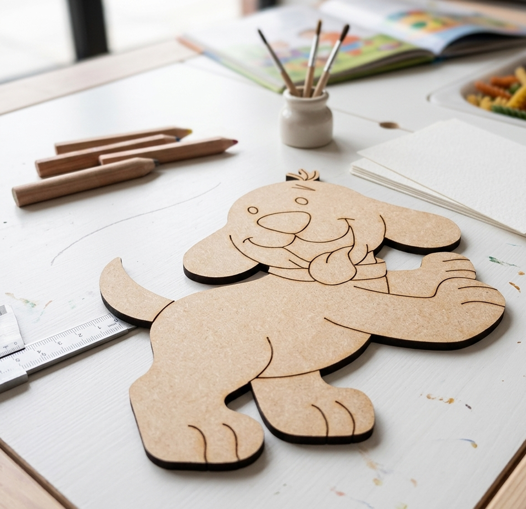 MDF DIY cutout of a dog on a table with art supplies