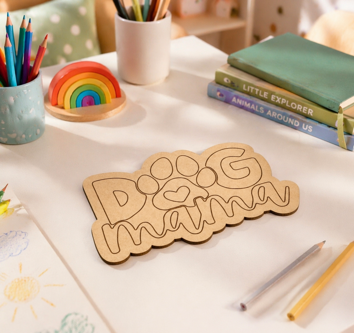 MDF DIY name plaque on a desk with stationery items
