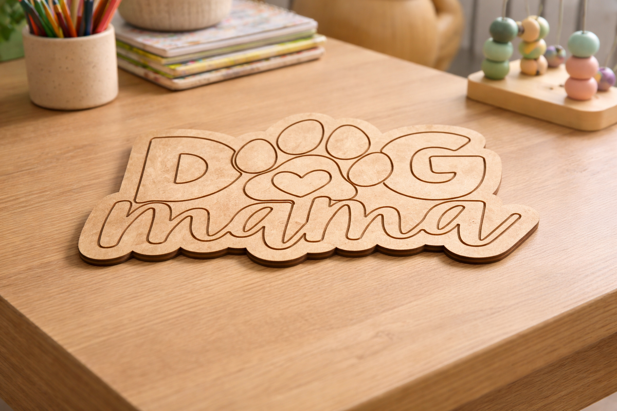 MDF DIY sign with 'Dog Mama' on a wooden surface
