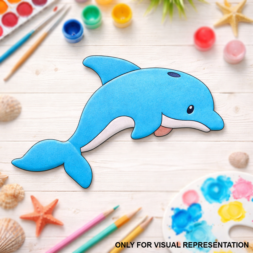 Colorful MDF DIY dolphin cutout  on a wooden surface with art supplies