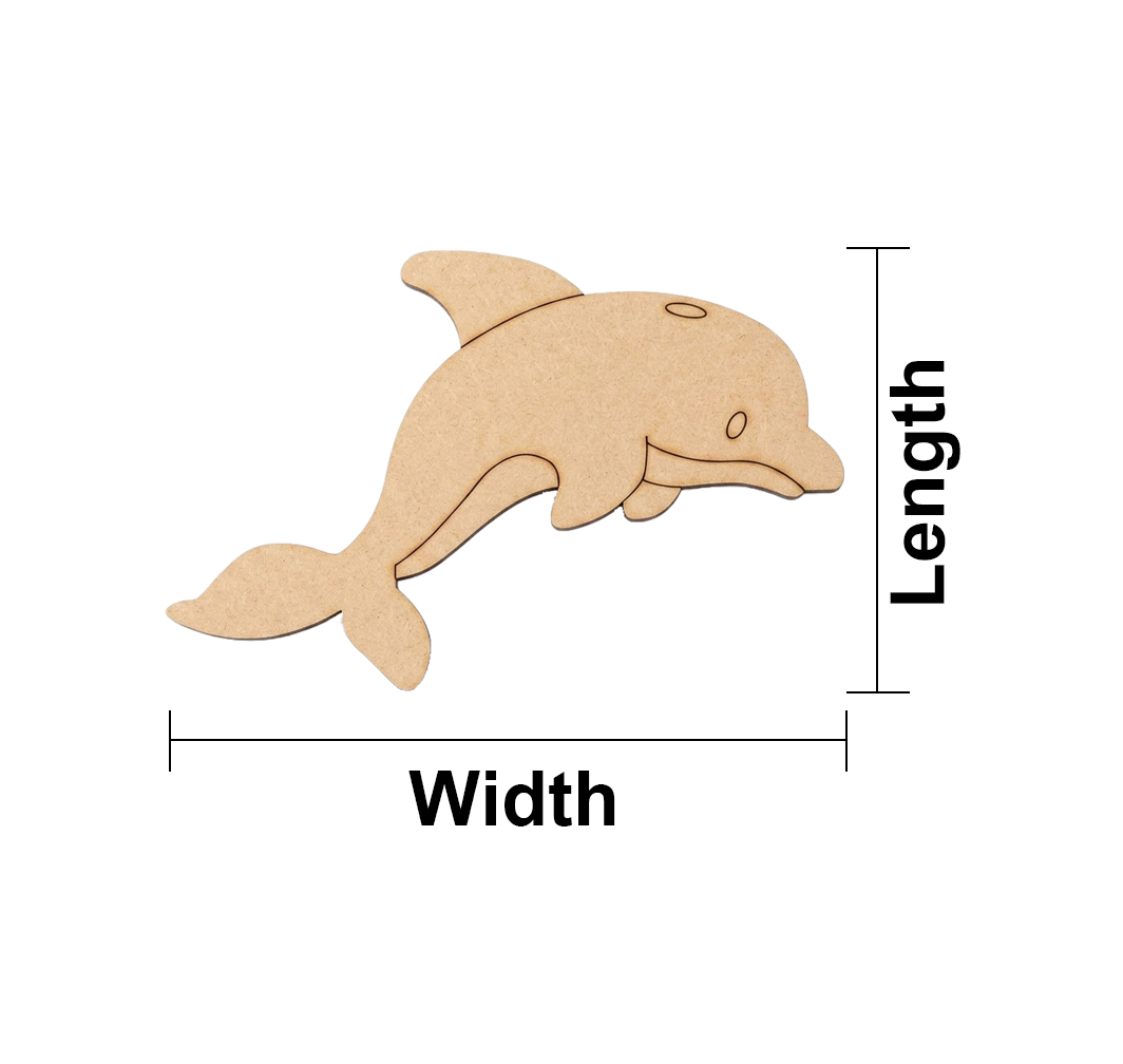 MDF DIY dolphin shape with measurements labeled on a white background