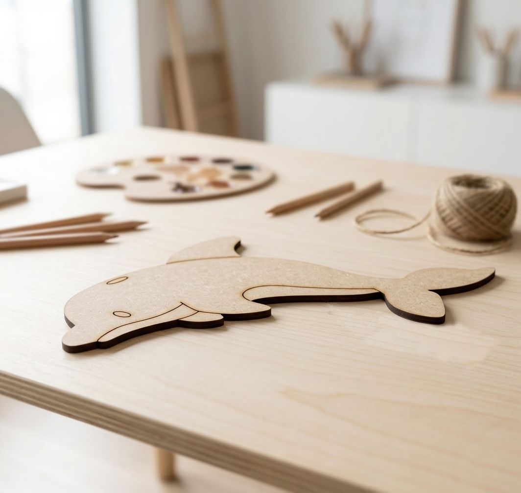 MDF DIY dolphin-shaped cutout on a wooden table with art supplies in the background.