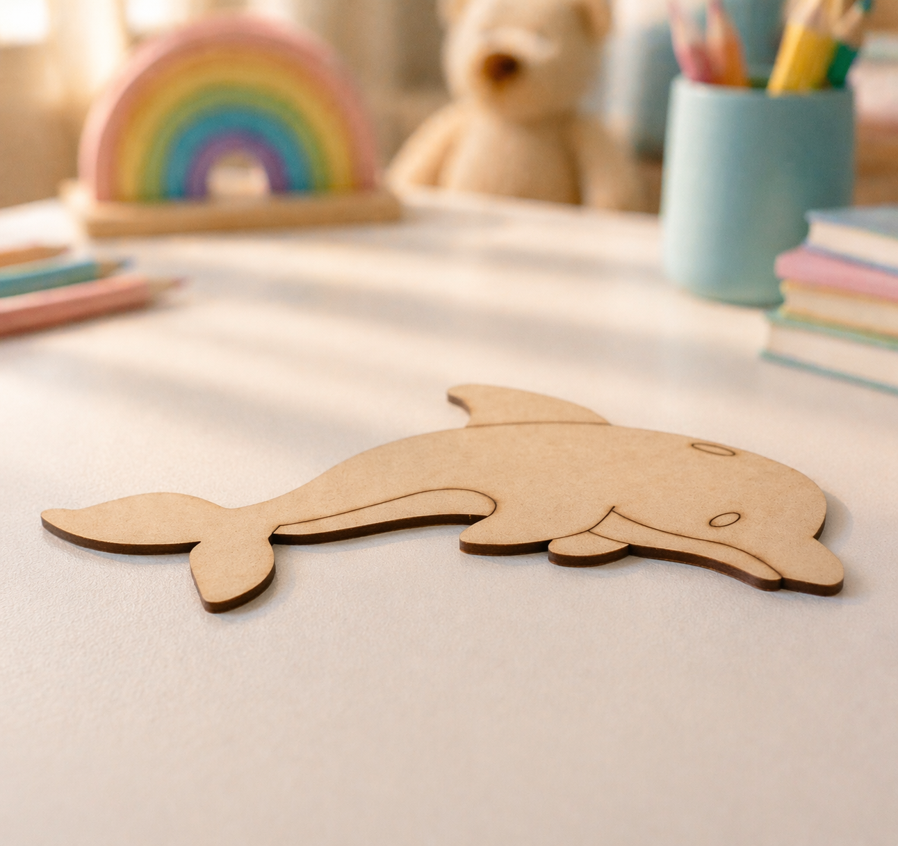 MDF DIY dolphin toy on a light surface with colorful items in the background