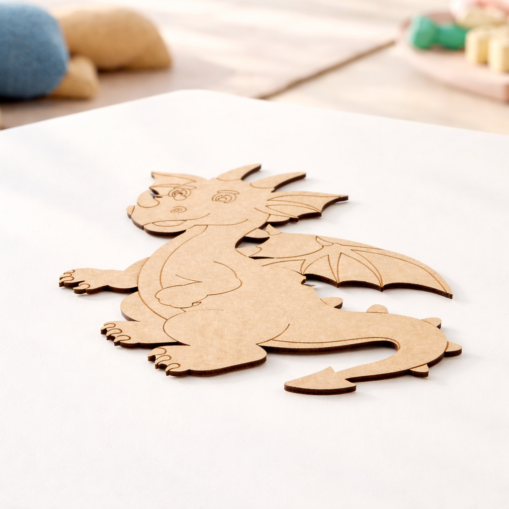 MDF DIY dragon toy on a white surface with a blurred background