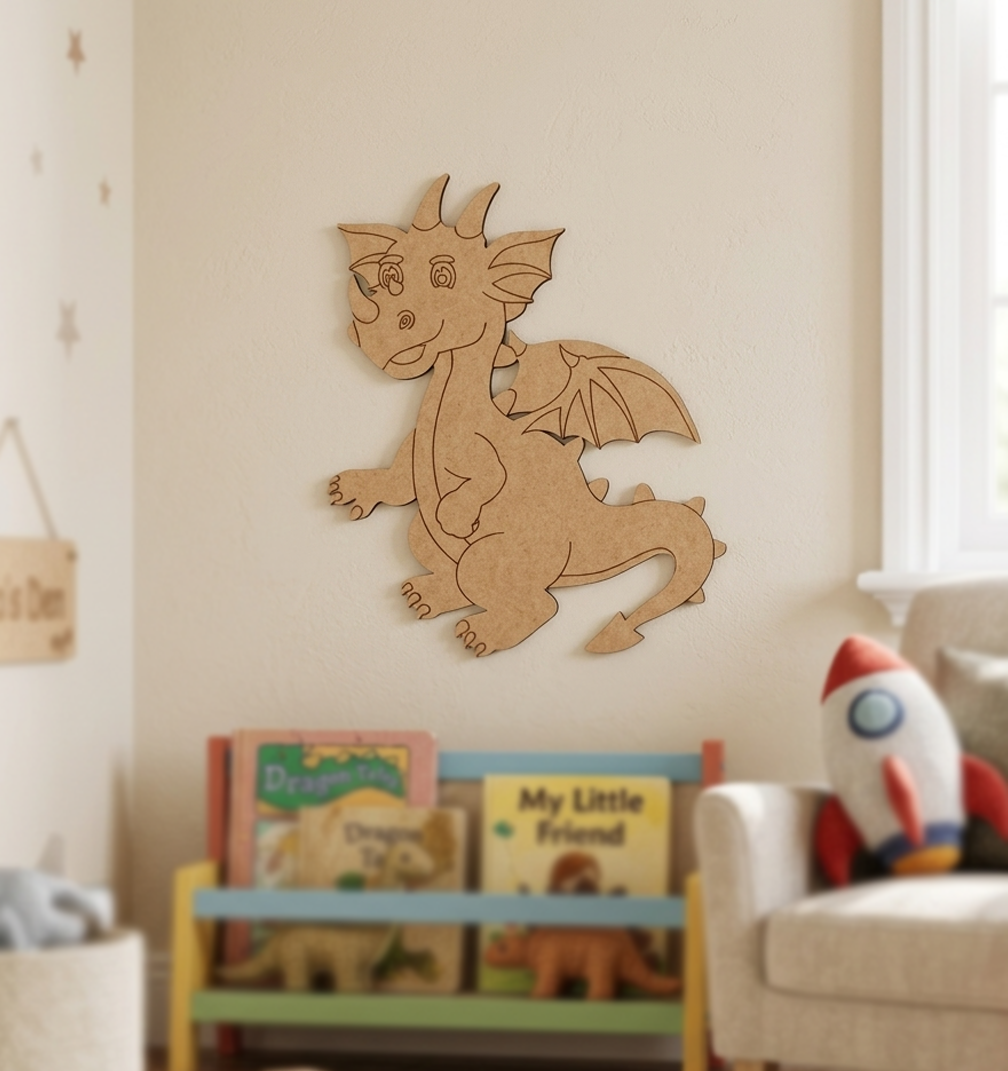 MDF DIY dragon wall decoration in a child's room with books and toys.