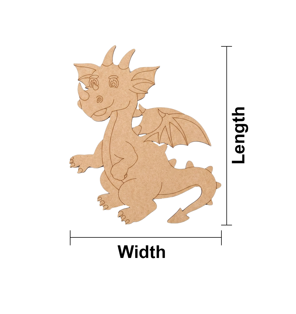 MDF DIY dragon shape with measurements on a white background