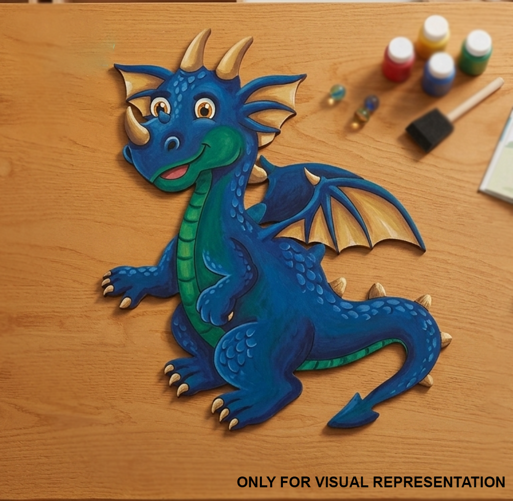 MDF DIY Colorful dragon-shaped craft on a wooden surface with paint bottles and brushes.