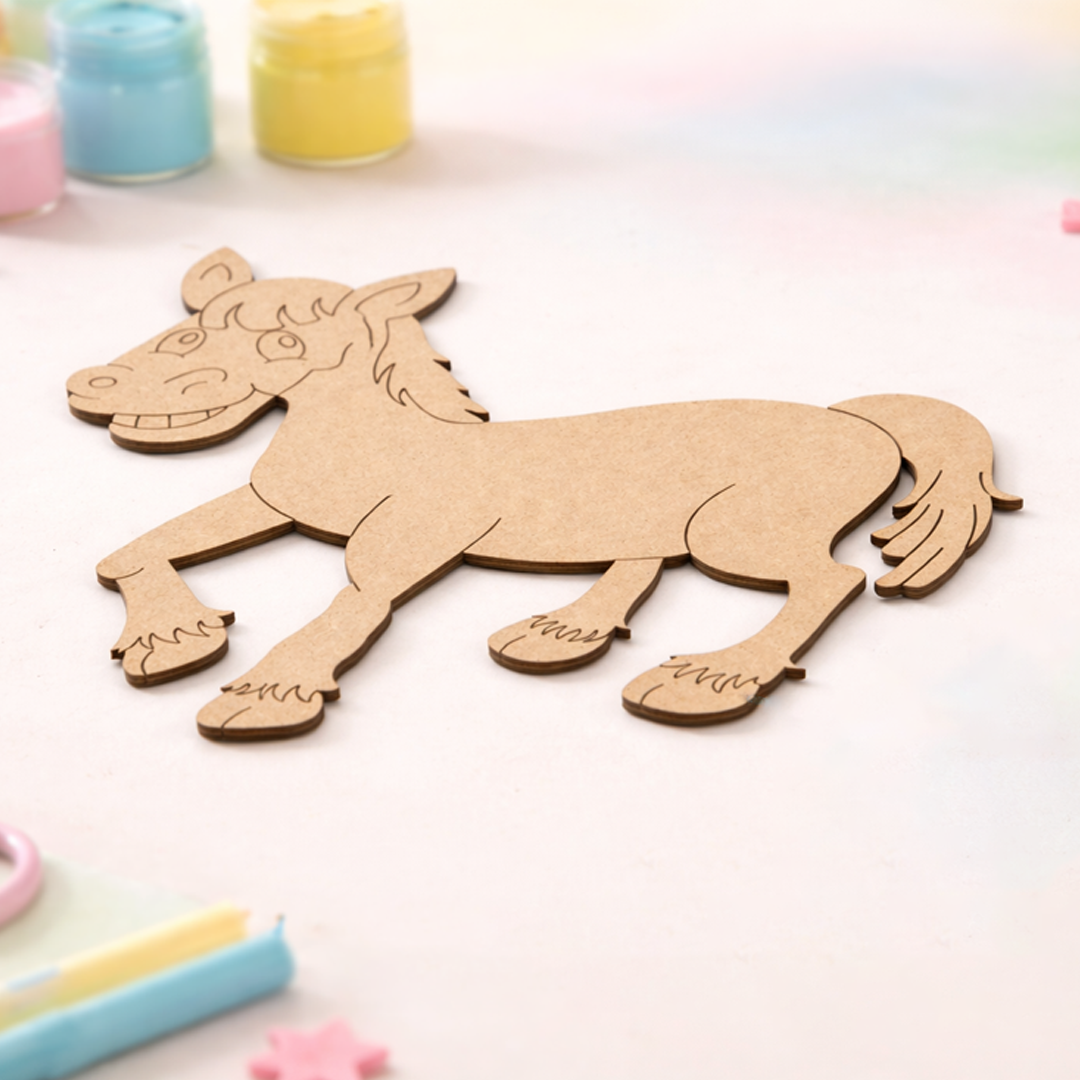 MDF DIY horse cutout on a light background with colorful paint containers.