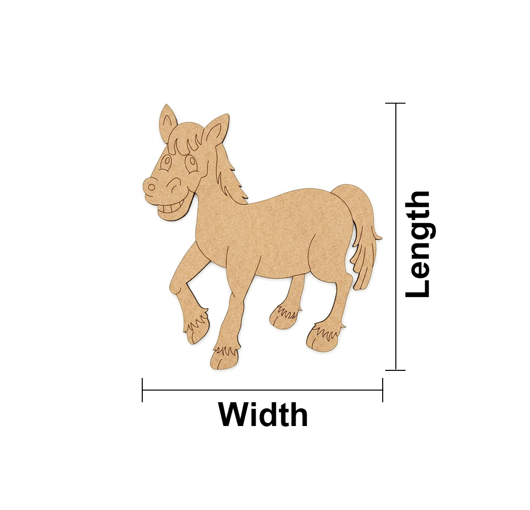 MDF DIY horse cutout with measurements labeled on a white background