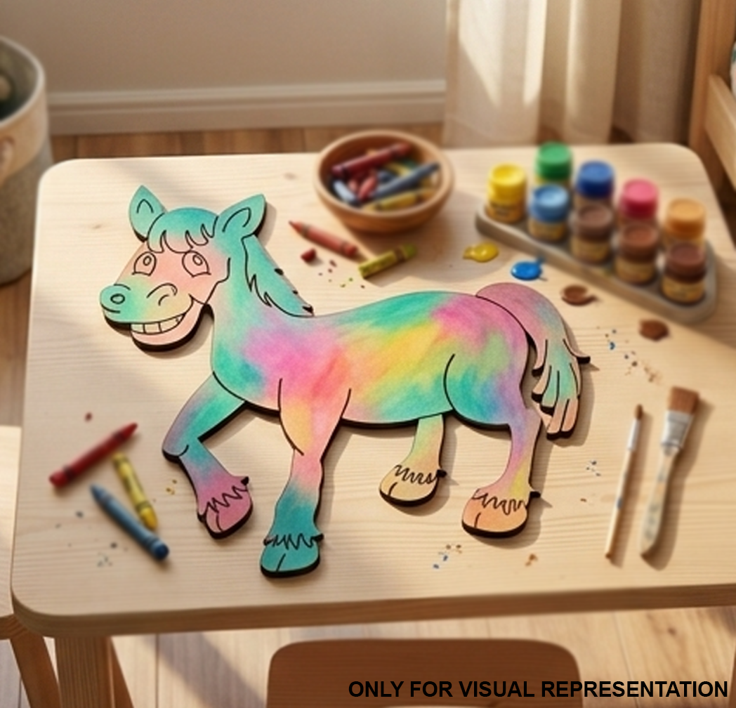 MDF DIY Colorful unicorn drawing on a wooden table with art supplies.